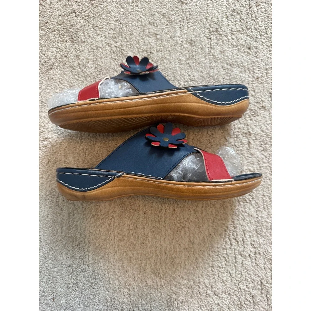 Bunion Corrector Navy & Red Leather Flower Wedge Sandals‎ Size 38 EU Gently Worn